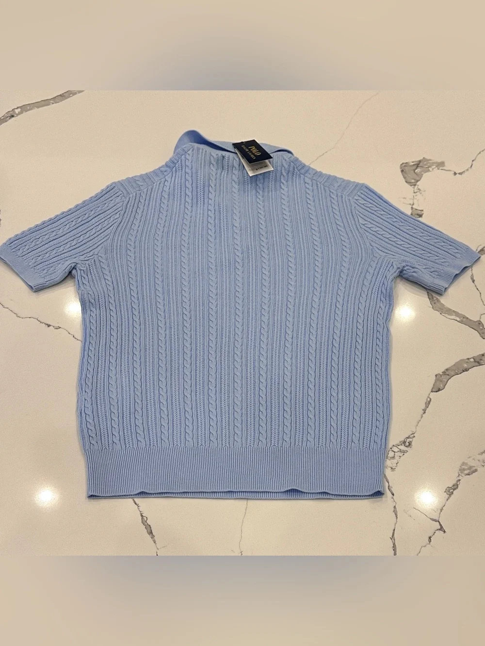 Polo Ralph Lauren Lightweight Cable Knit Polo Collar Sweater Light Blue Sz S NWT